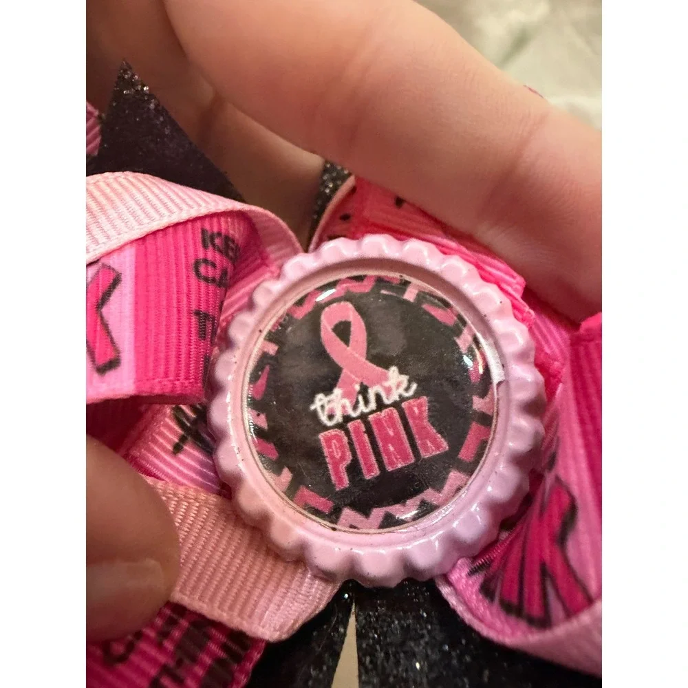 Think Pink Breast Cancer Awareness Boutique Hair Bow Pink Black Glitter Clip